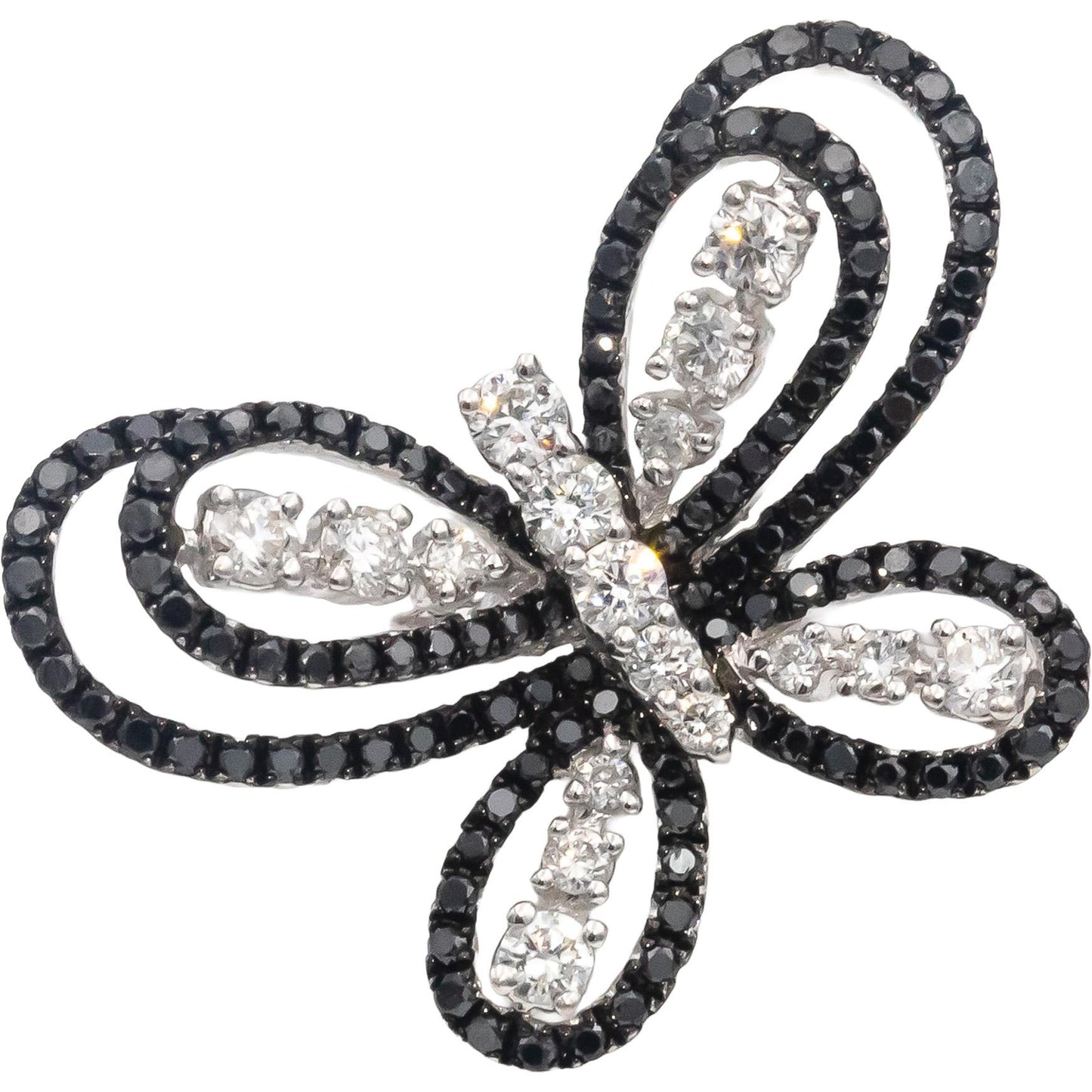 14k White Gold Round Black & White Diamond Butterfly Ring 1.0CT Size 7.5