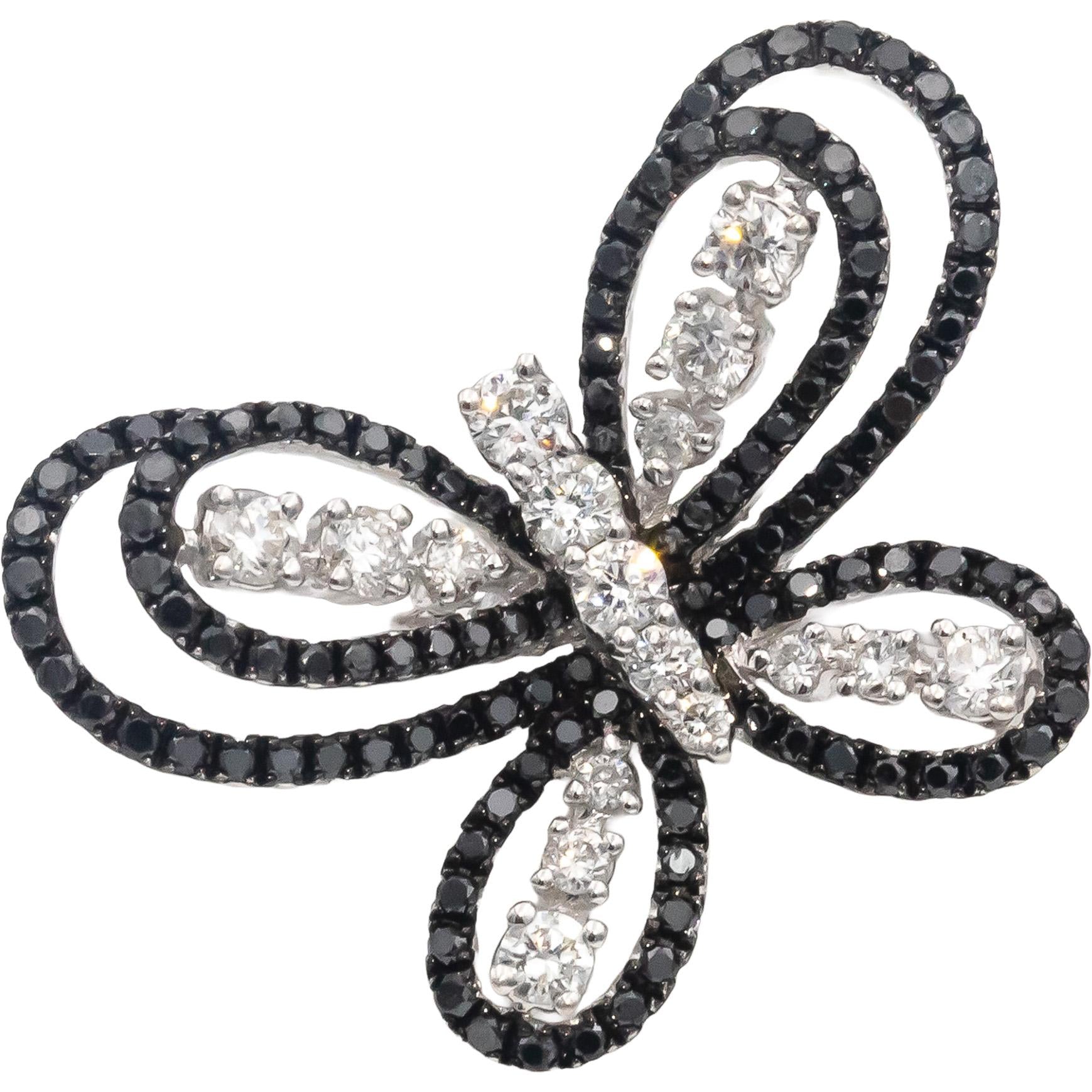 14k White Gold Round Black & White Diamond Butterfly Ring 1.0CT Size 7.5
