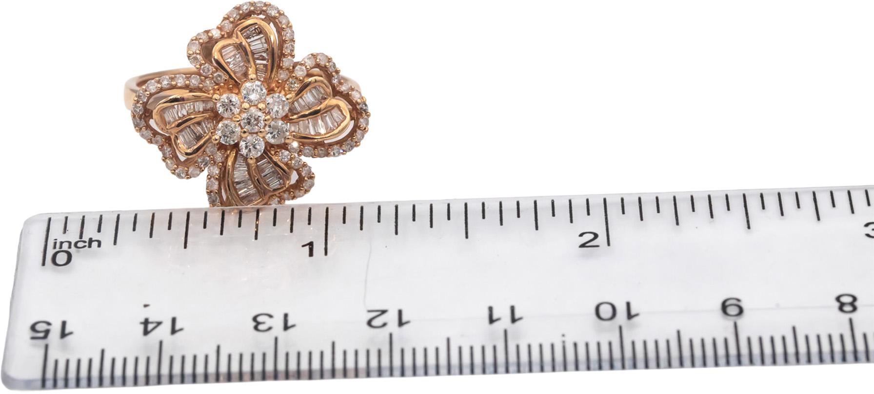 14k Rose Gold Round & Baguette Cut Diamond Flower Cocktail Ring 0.75CT Size 10