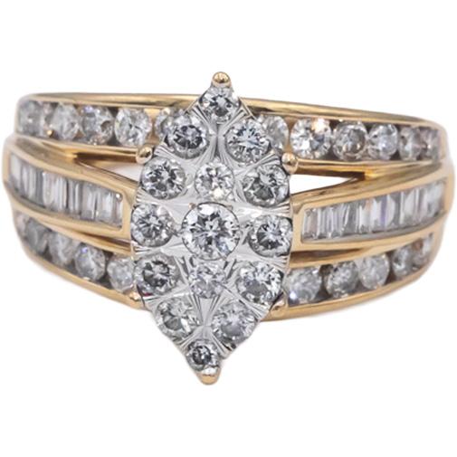 14k Yellow Gold Round & Baguette Diamond Cluster Cocktail Ring 1.50CT Size 7.25