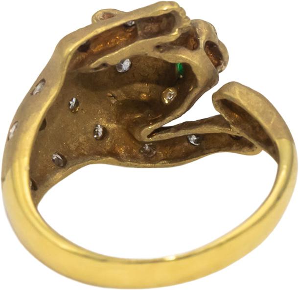 18k Yellow Gold Round Diamond Jaguar Ring .16CT Size 6.75 w/ Emerald Eye Accents