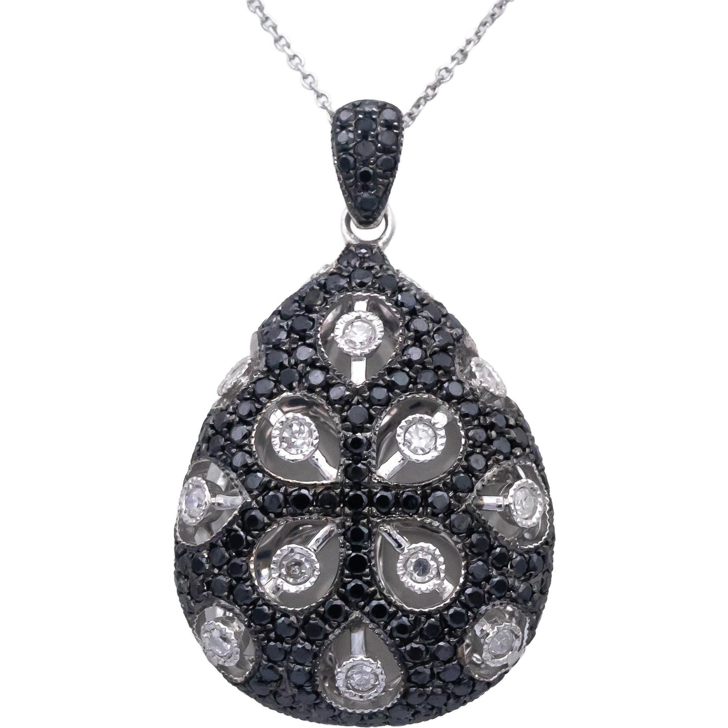 14k White Gold Round White & Black Diamond Cluster Pendant Necklace 0.75CTW
