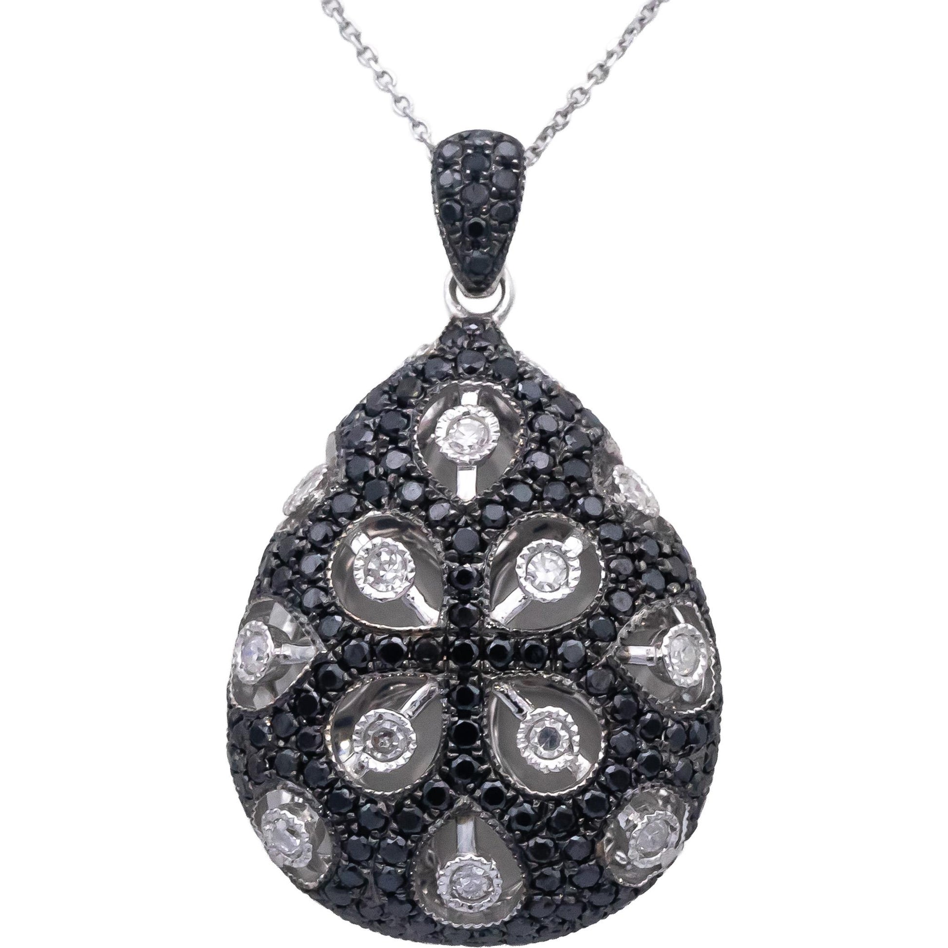 14k White Gold Round White & Black Diamond Cluster Pendant Necklace 0.75CTW
