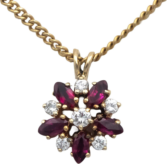 14k Yellow Gold Diamond and Ruby Floral Cluster Pendant Necklace 0.55CT