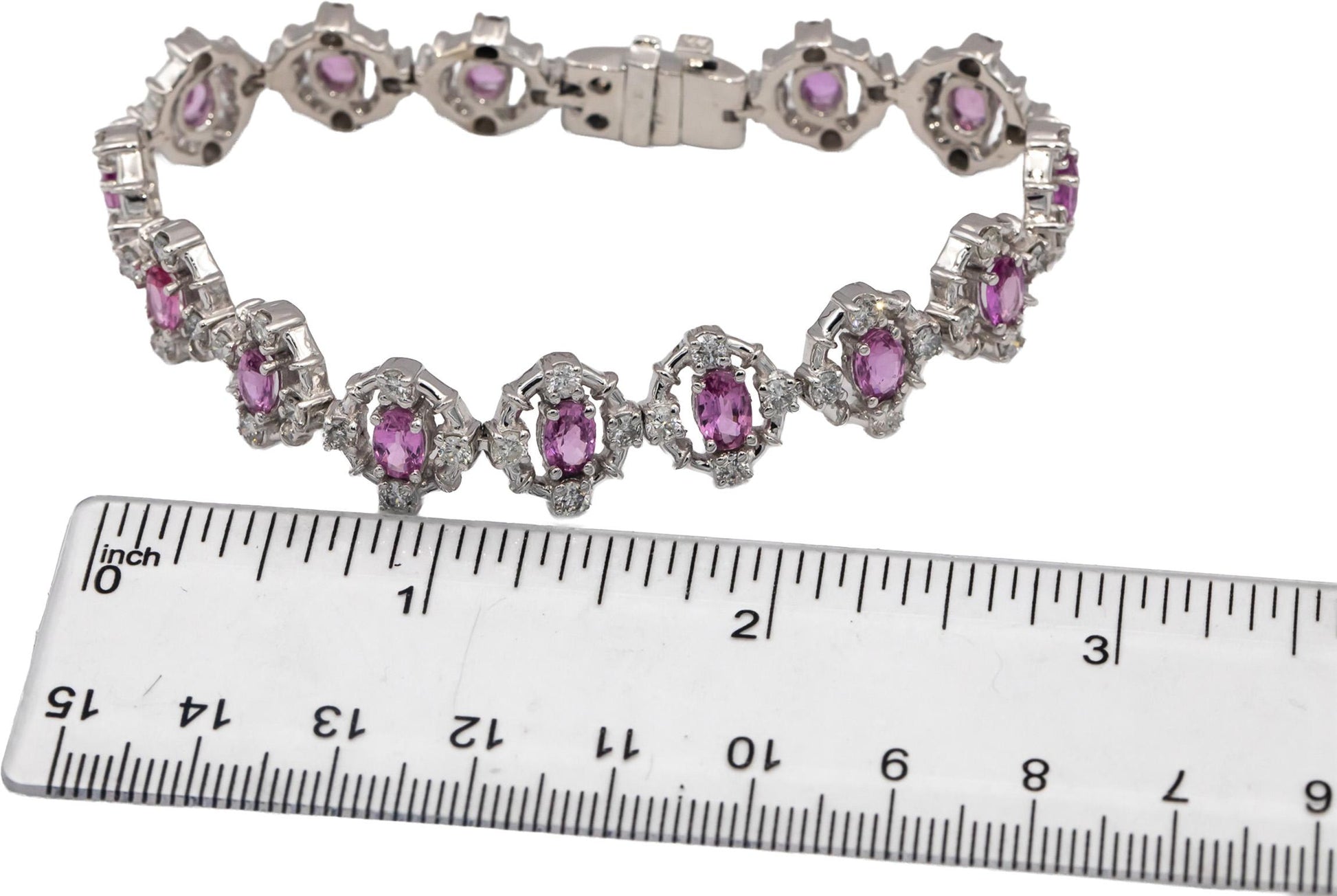 14k White Gold Oval Cut Pink Sapphire Round Diamond Fancy Link Bracelet 10.50CTW