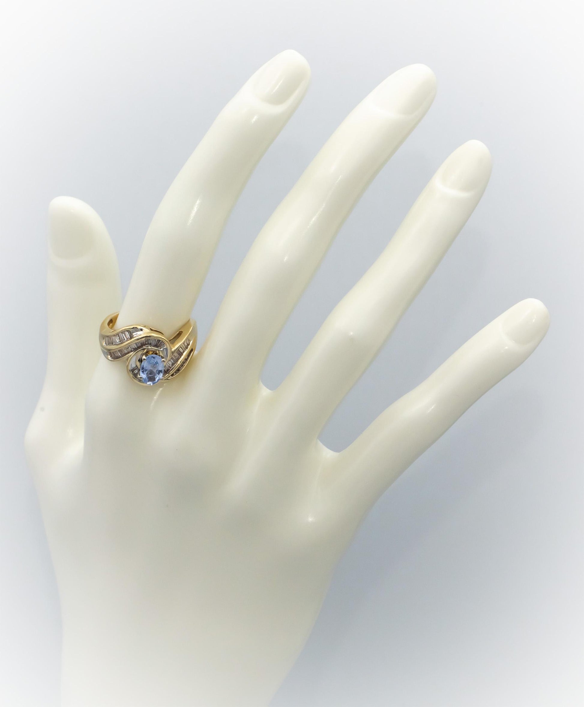 14k Yellow Gold Baguette Diamond & Oval Cut Blue Sapphire Swirl Ring 1.87CTW