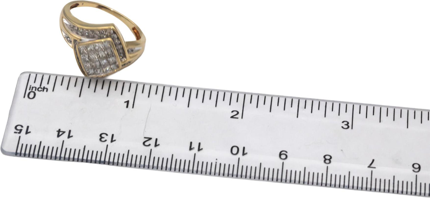 10k Yellow Gold Round & Princess Cut Diamond Cocktail Ring 1.0CT Size 8.25