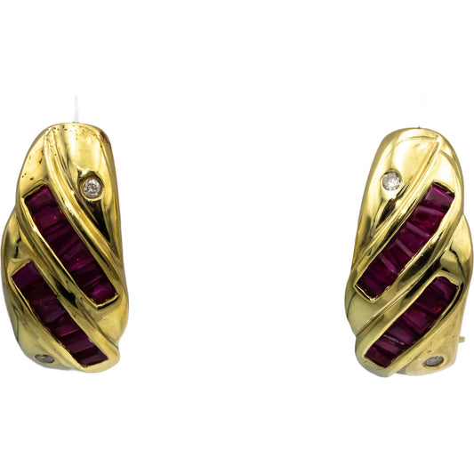 14k Yellow Gold Baguette Cut Ruby Round Diamond Earrings 1.04CTW