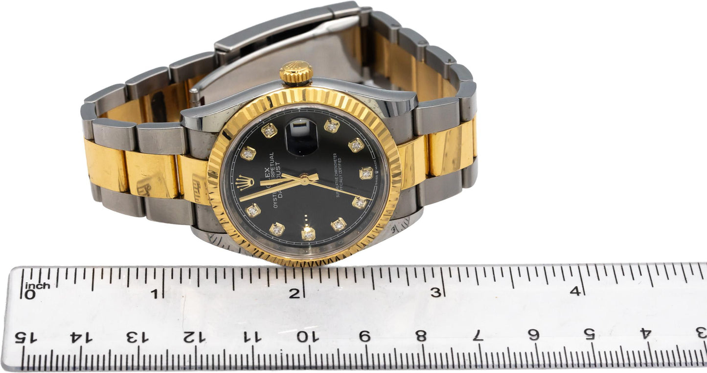 ROLEX 18k Gold Stainless Steel Datejust Black Factory Dial 36mm Watch Ref 126233