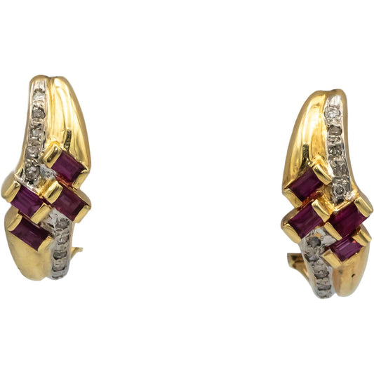 14k Yellow Gold Diamond & Ruby Curved Earrings 0.85CTW