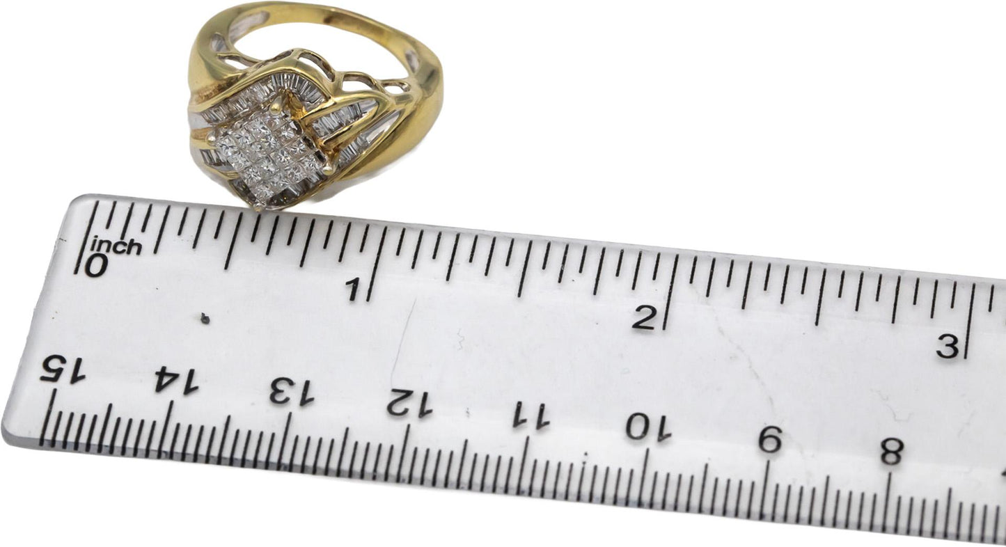14k Yellow & White Gold Princess & Baguette Diamond Cocktail Ring 1.0CT Size 6.5