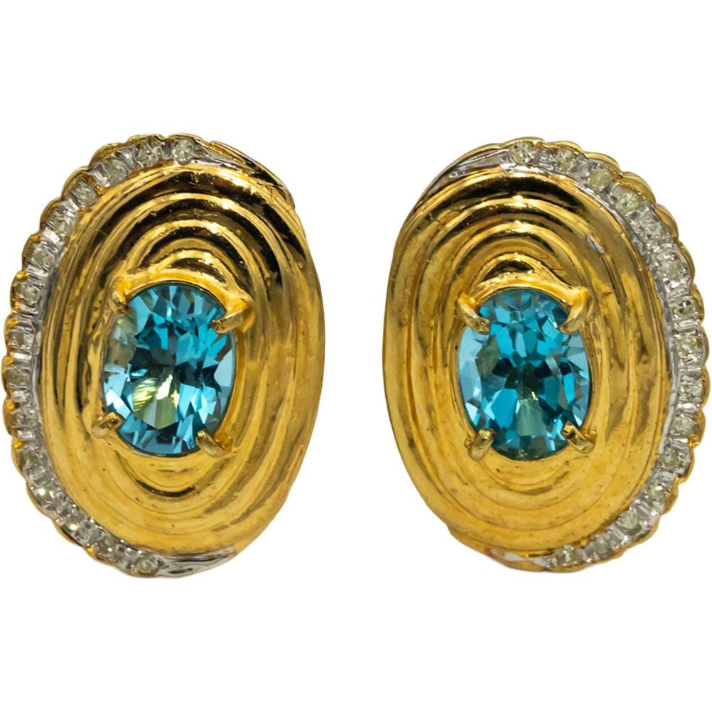 14k Yellow & White Gold Diamond and Blue Topaz Earrings 3.15CTW