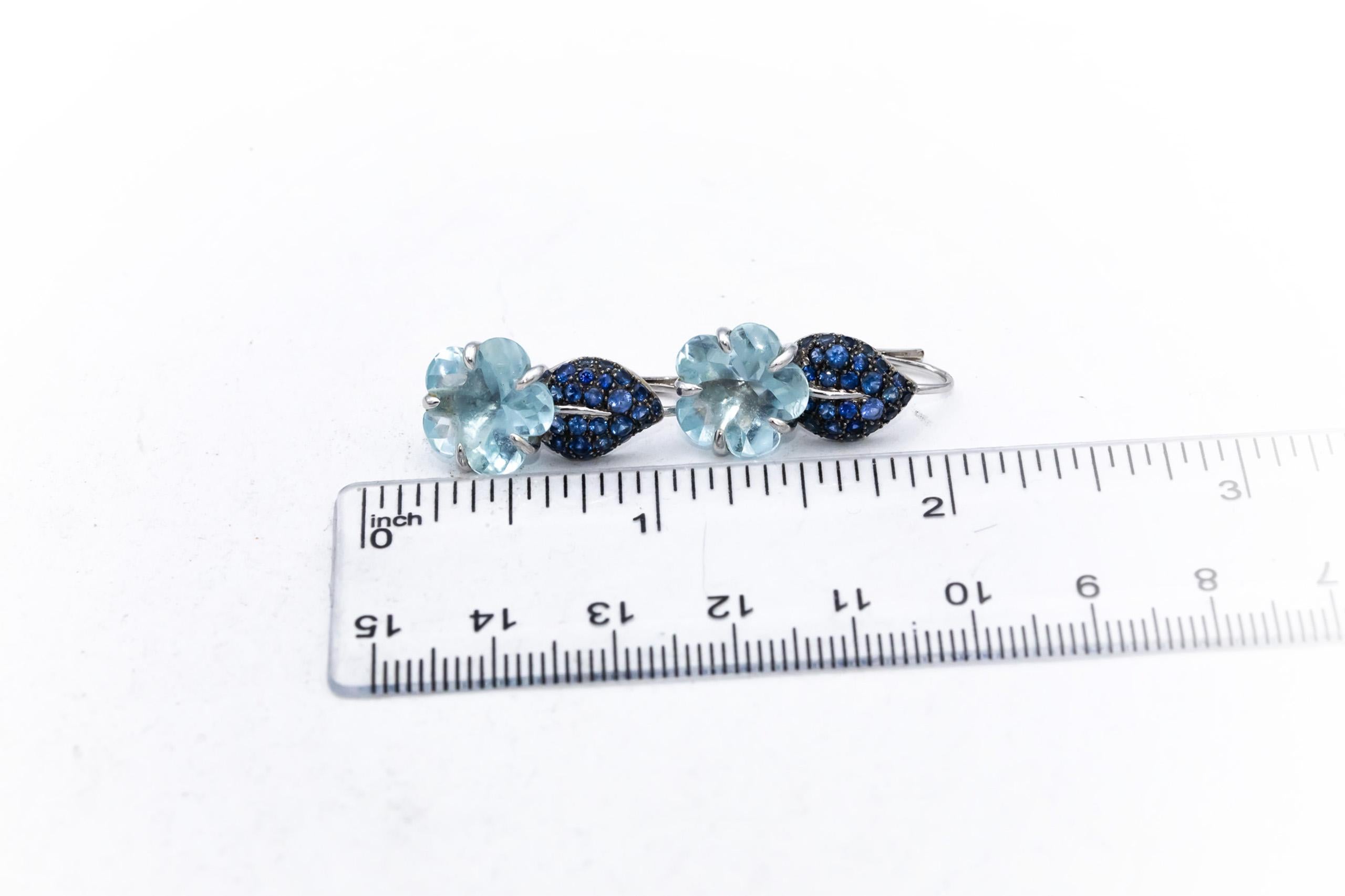 CHANEL Vintage 18k White Gold Camelia Aquamarine & Sapphire Flower Earrings