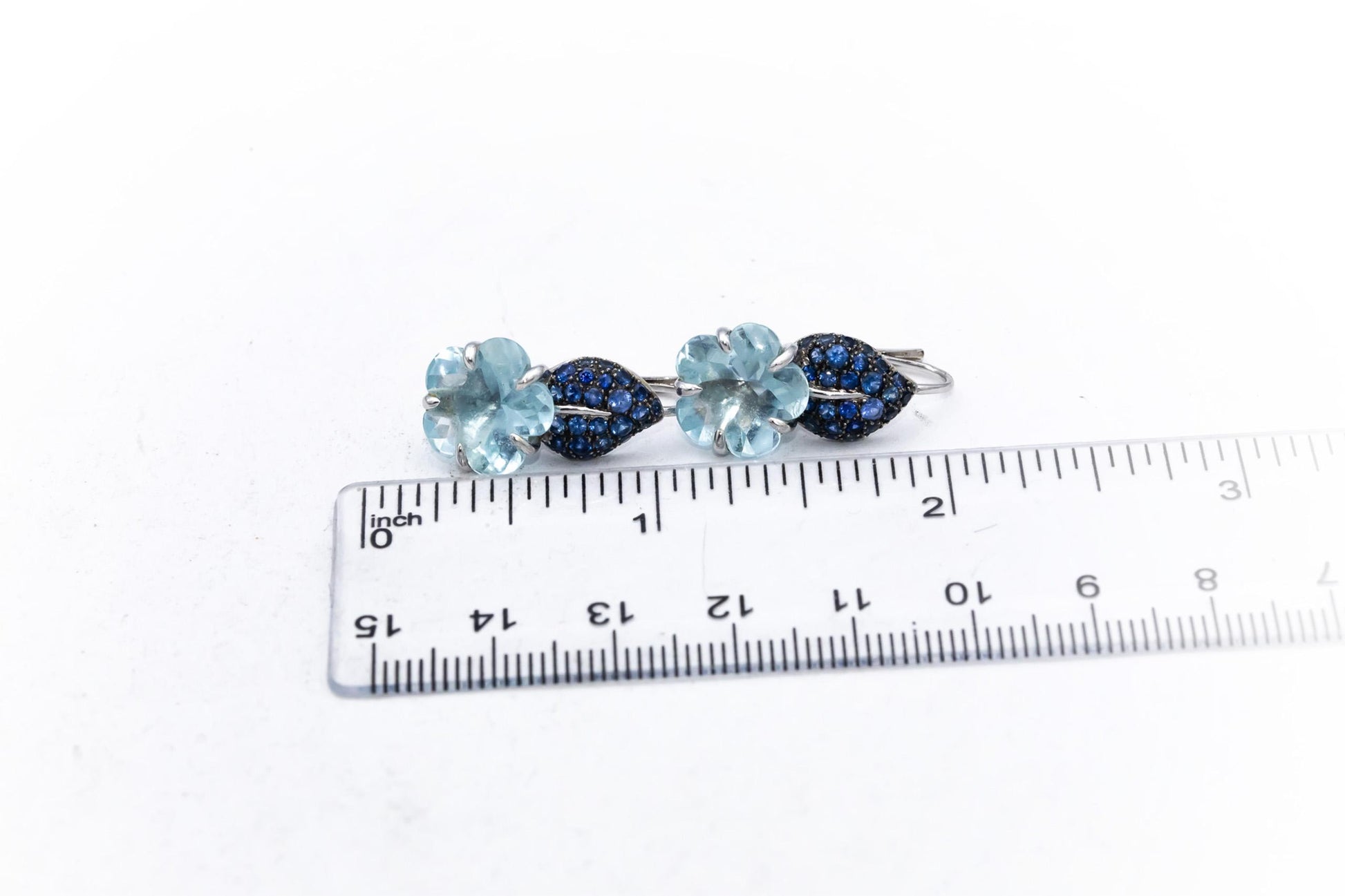 CHANEL Vintage 18k White Gold Camelia Aquamarine & Sapphire Flower Earrings