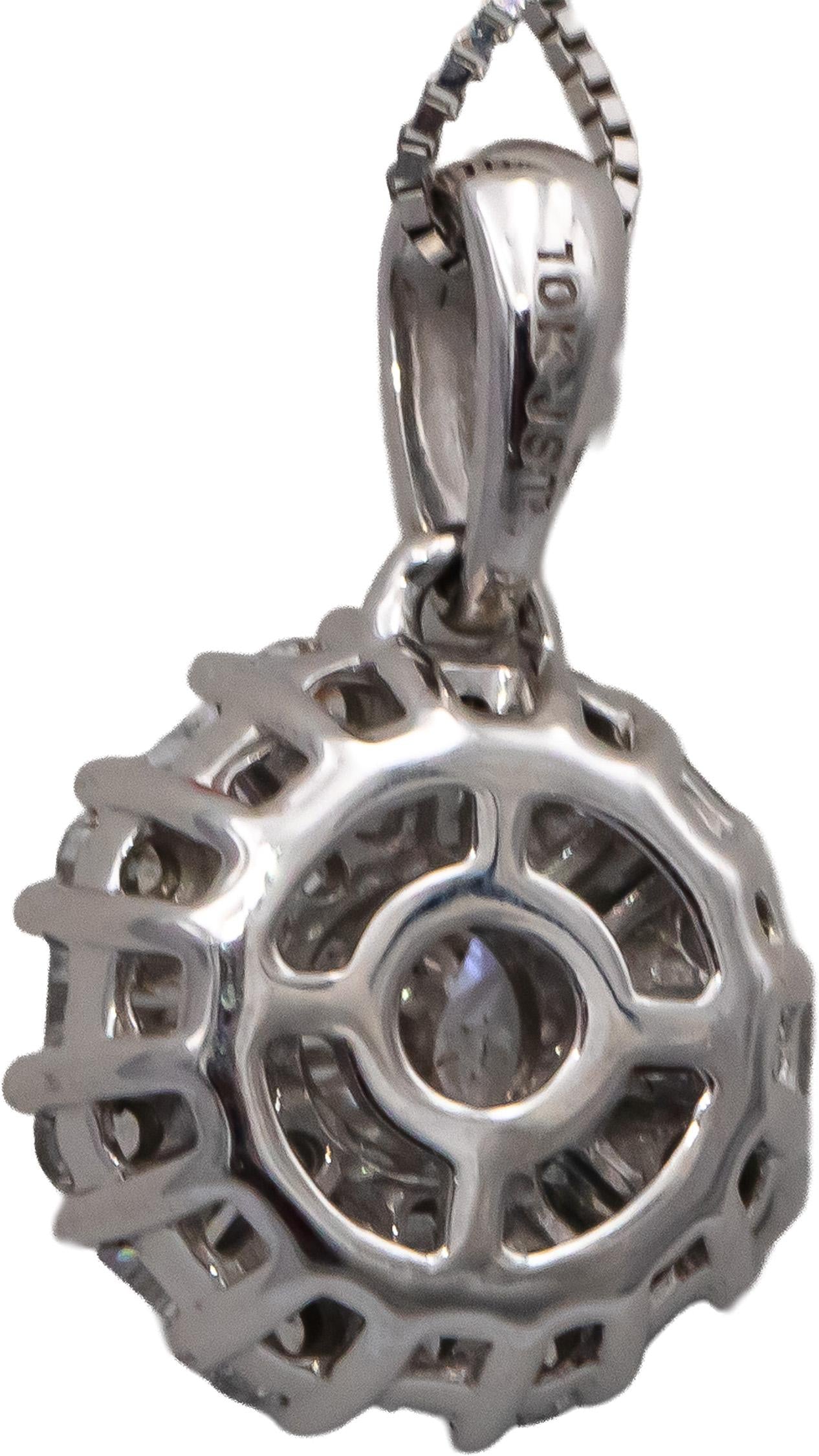 10k White Gold Round Baguette Diamond Cluster Starburst Pendant Necklace 0.76CT