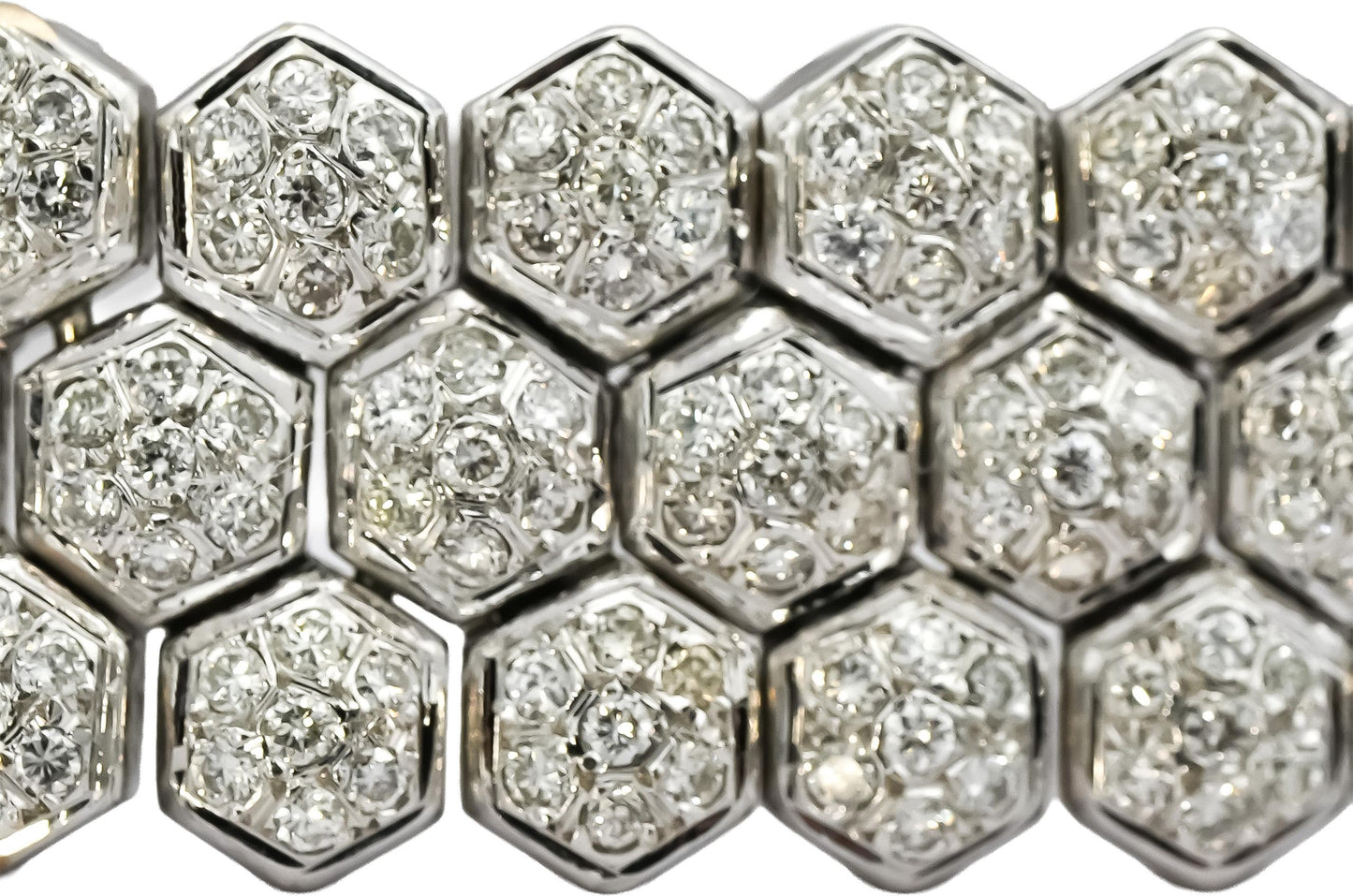 18k White Gold Round Diamond Hexagon Link Cluster 14.5mm Wide Bracelet 4.0CT