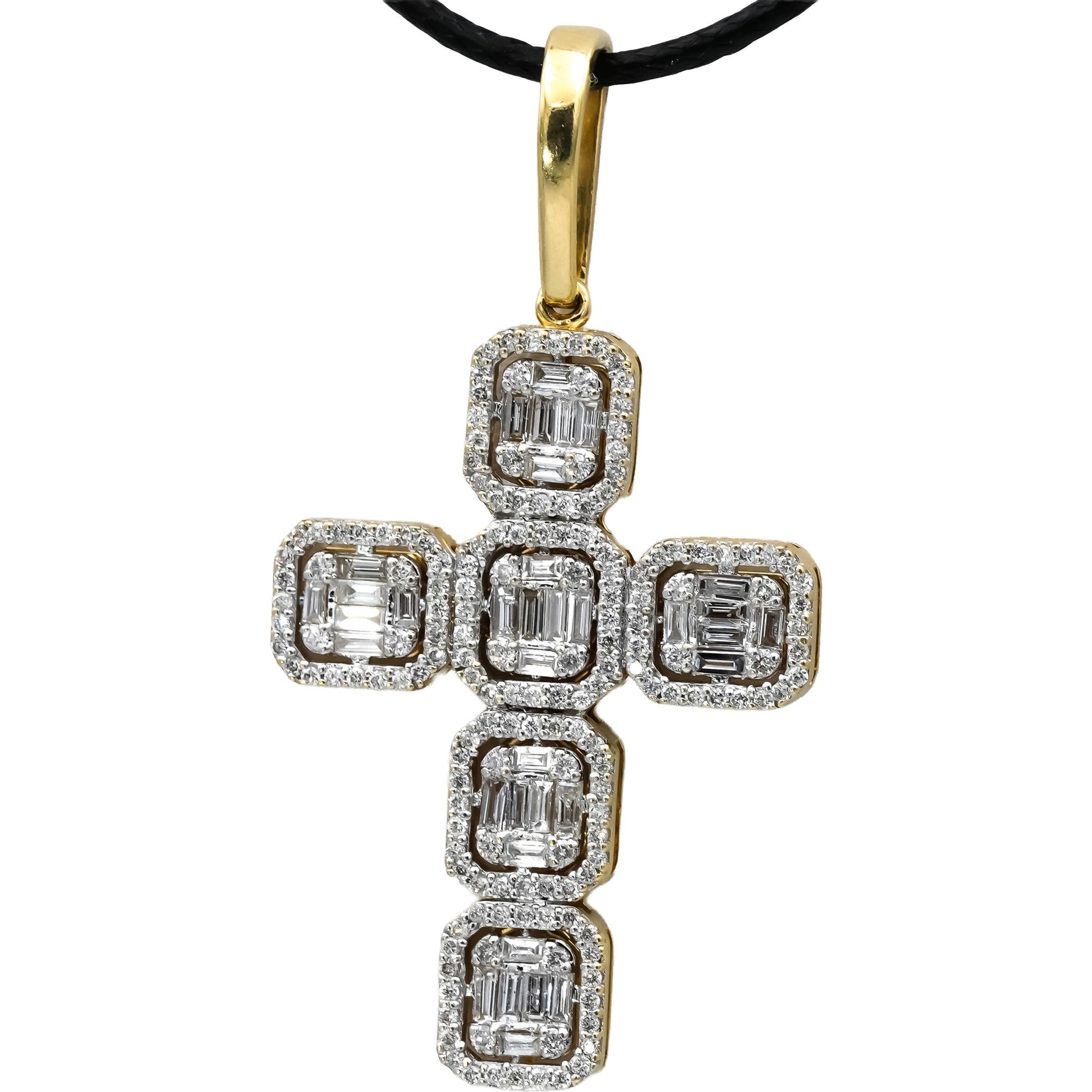 14k Yellow Gold Round and Baguette Cut Diamond Cross Crucifix Pendant 3.0CT