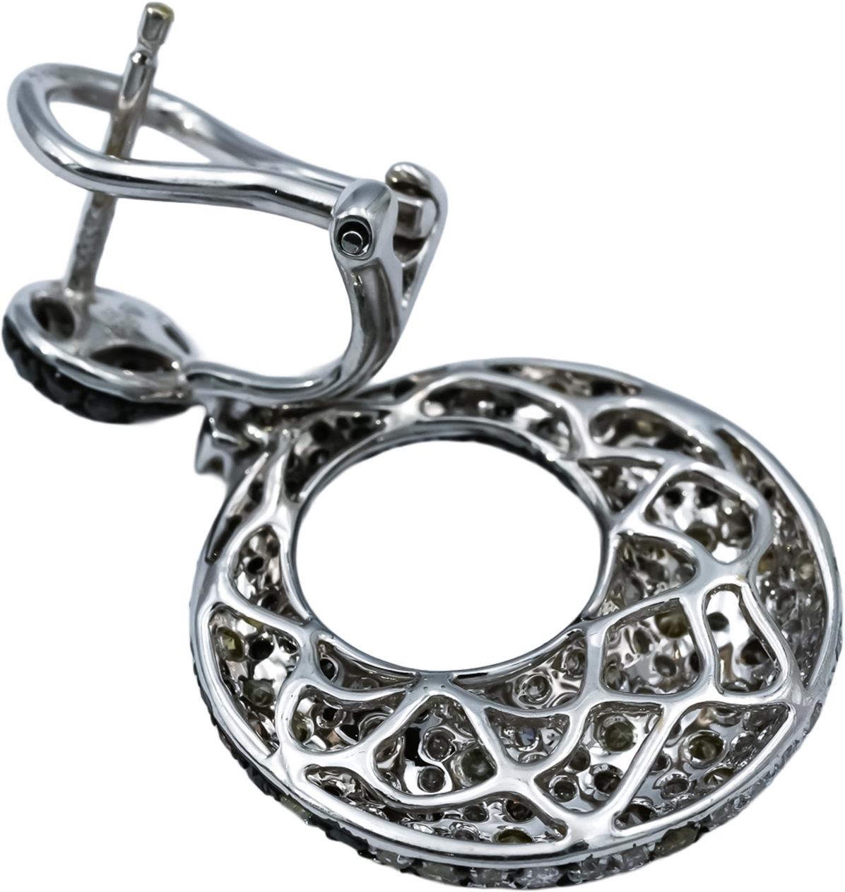 14k White Gold Round Black and Multi-Color Diamond Dangle Earrings 3.50CT