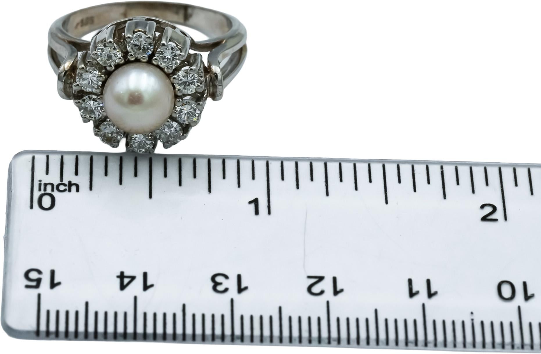 14k White Gold VS Diamond and 7.8mm Pearl Cocktail Ring 0.75CT Size 8.25