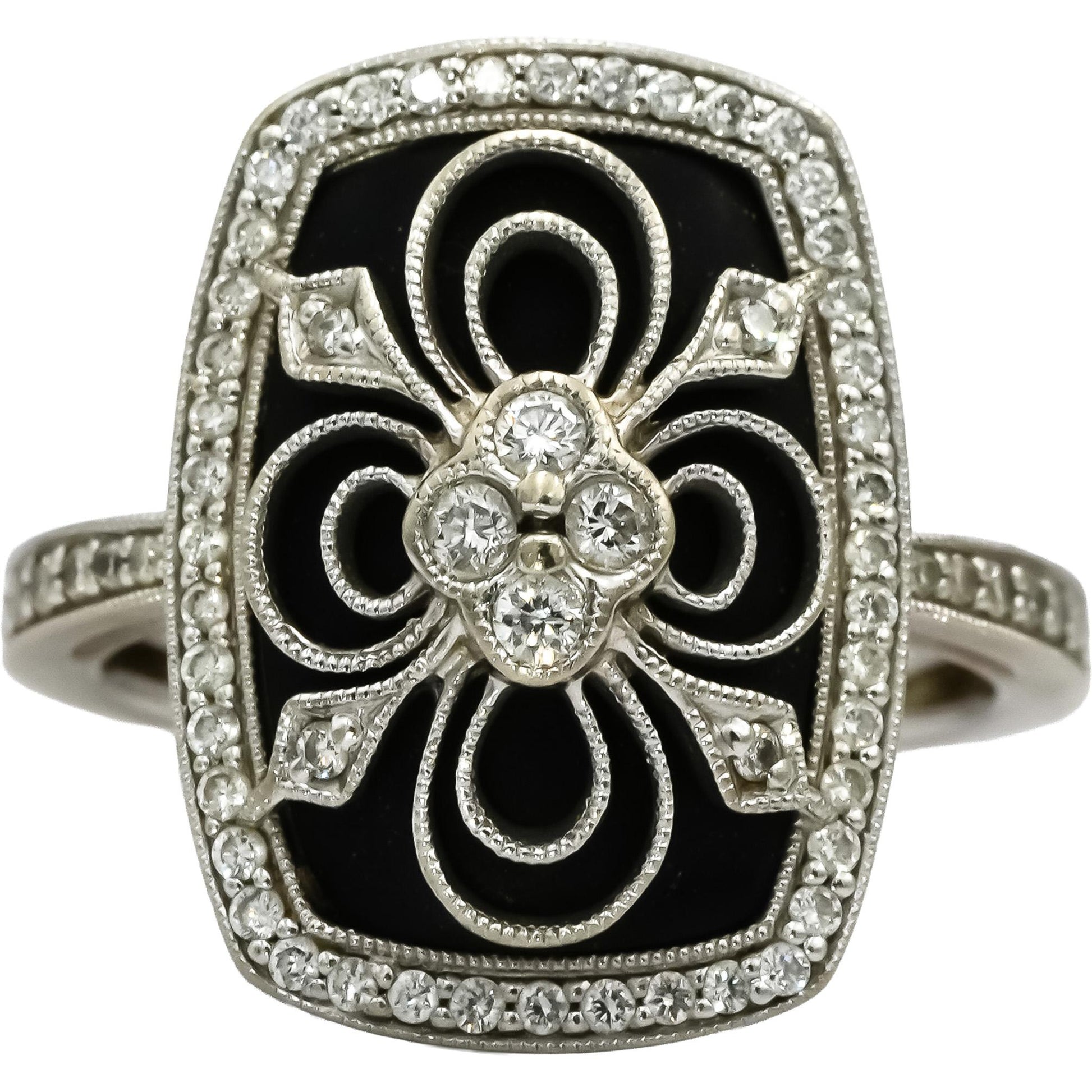14k White Gold VS Diamond and Onyx Cocktail Ring 0.35CT Size 6.5