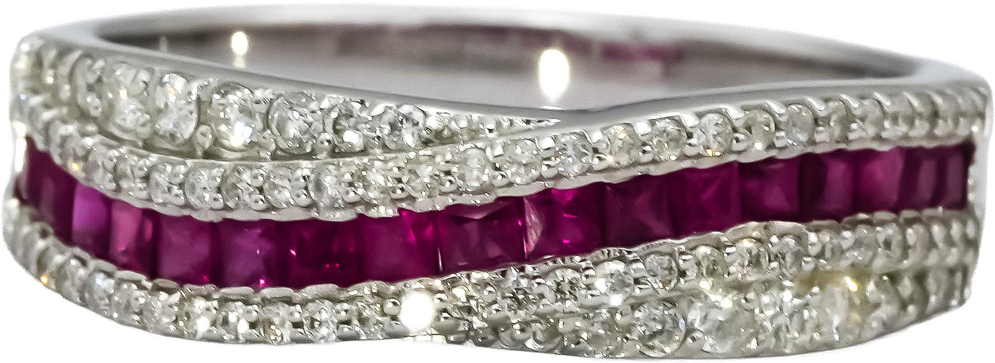 18k White Gold Diamond and Ruby Crossover Band Ring 0.78CT Size 6.75
