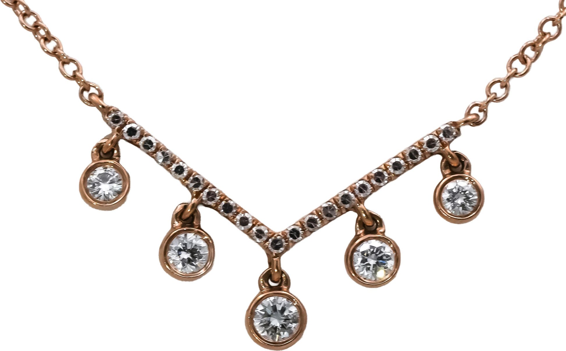 14k Rose Gold Round Diamond Chevron Dangle Pendant Necklace 0.12CT