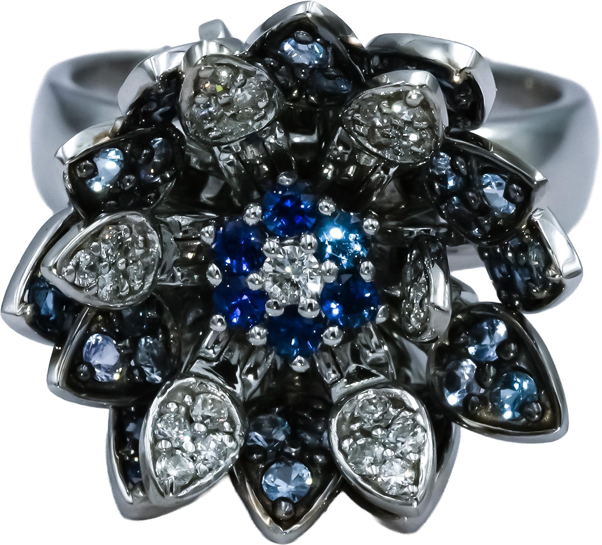 EFFY 14k White Gold Diamond & Sapphire Moving Petals Floral Ring 1.05CT Size 7.5