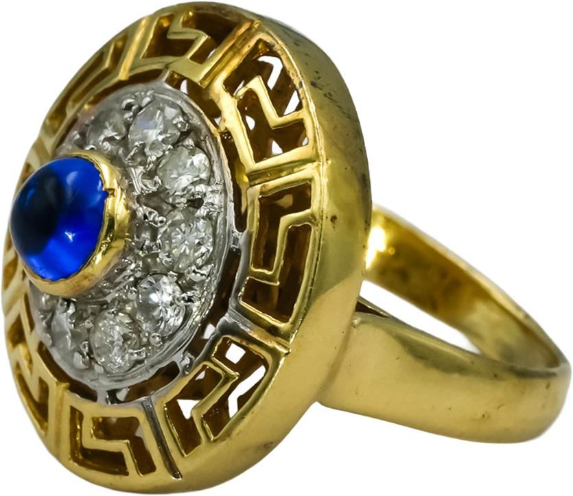 14k Yellow & White Gold Diamond Cabochon Sapphire Greek Key Ring .50CT Size 5