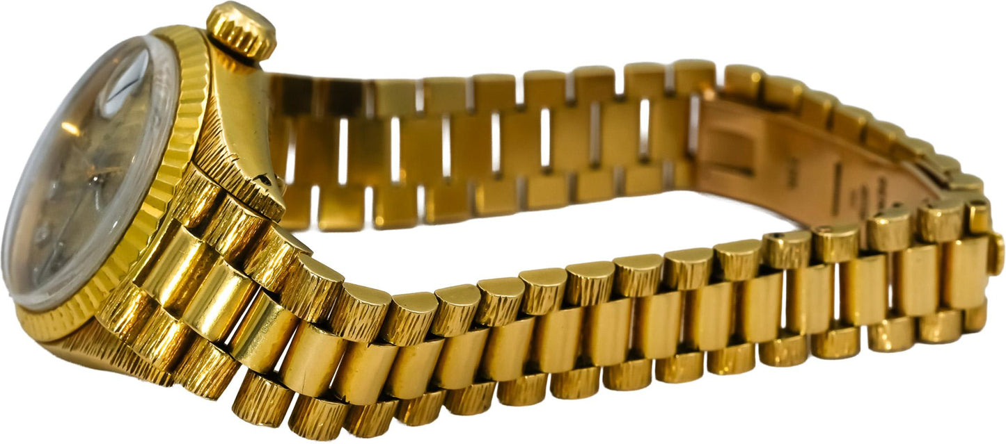 ROLEX Vintage 18k Gold Lady-Datejust Custom Dial Bark Finish Watch Ref 6917