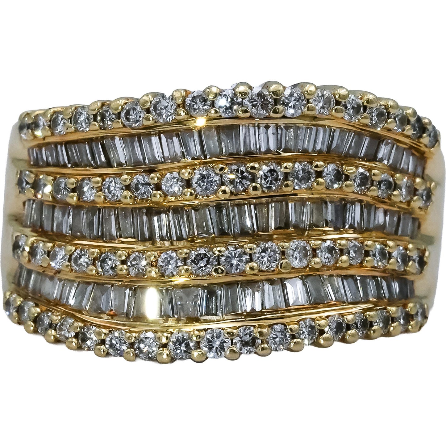 EFFY 14k Yellow Gold Round & Baguette Cut Diamond Wavy Band Ring 1.0CT Size 5.75