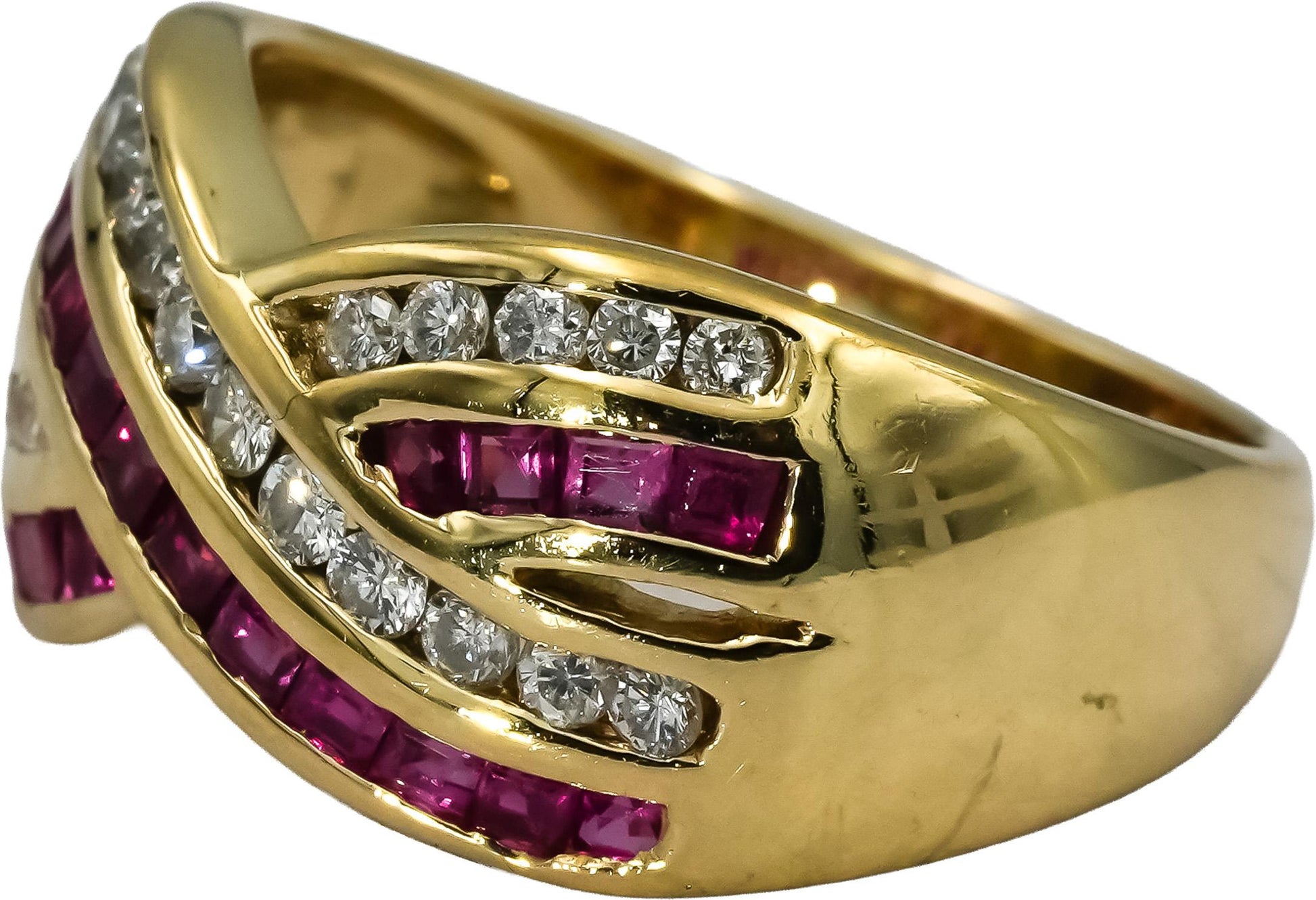 14k Yellow Gold Diamond and Ruby Crossover Band Ring 1.25CT Size 8