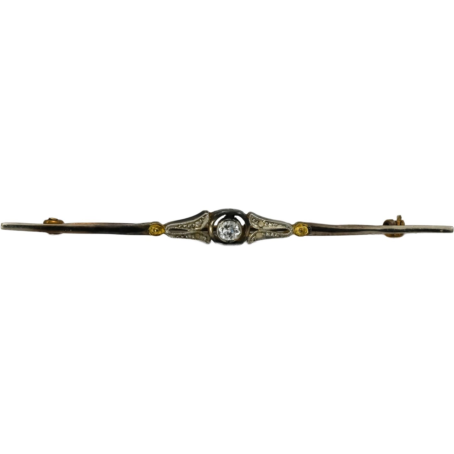 Art Nouveau 18k Gold and Silver Diamond Bar Brooch 0.15CT