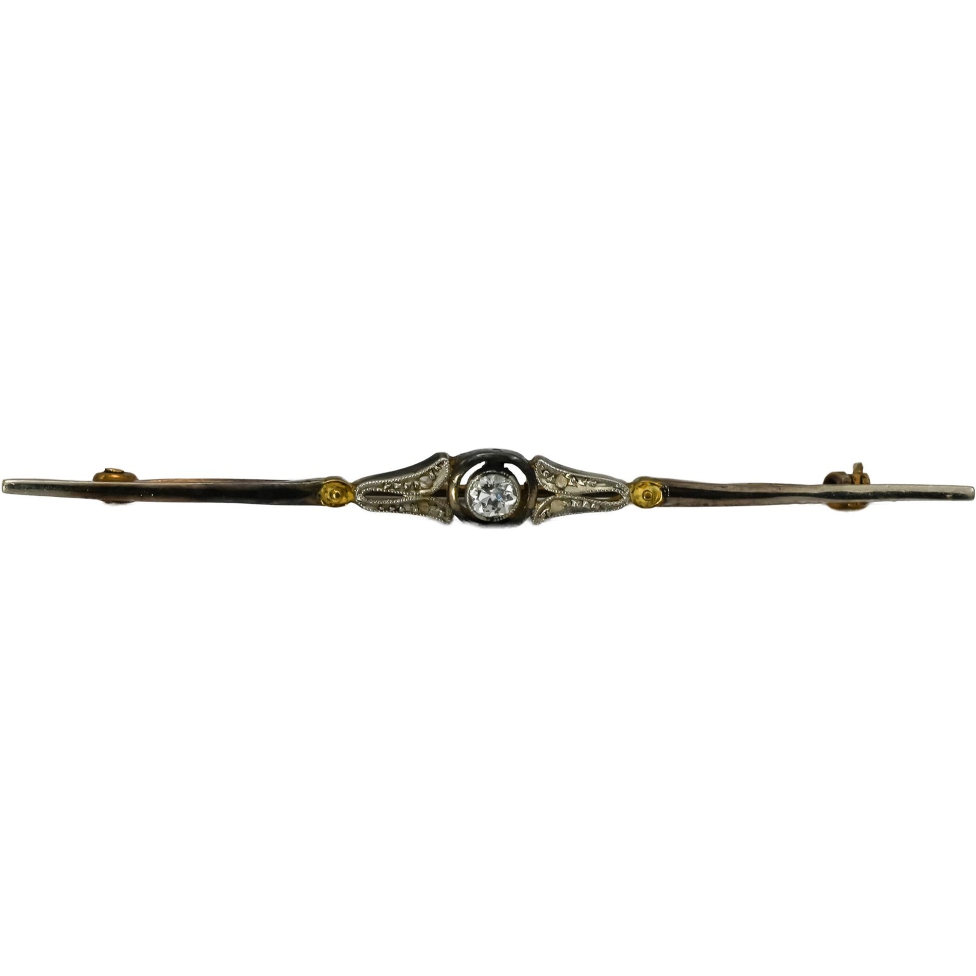 Art Nouveau 18k Gold and Silver Diamond Bar Brooch 0.15CT
