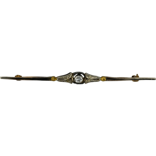 Art Nouveau 18k Gold and Silver Diamond Bar Brooch 0.15CT