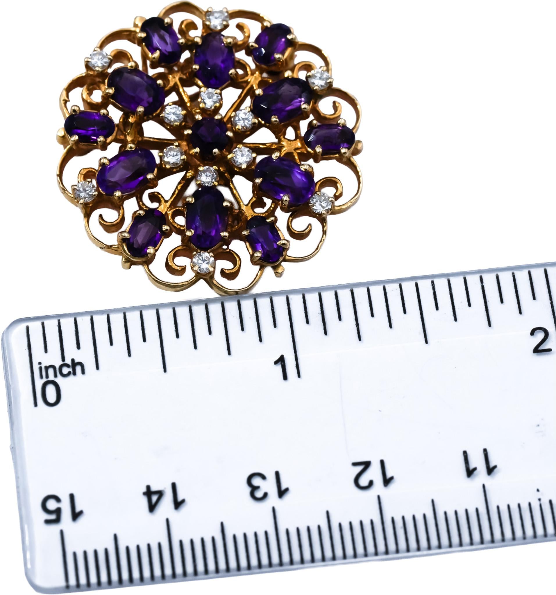 14k Yellow Gold Diamond and Amethyst Pendant Brooch Pin 5.50CT
