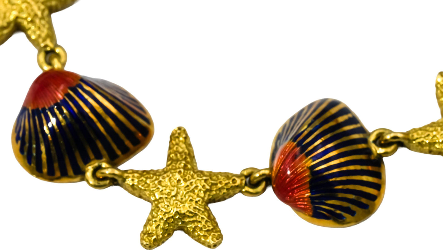 Designer 18k Yellow Gold Enamel Sea Life Nautical Themed Link Bracelet
