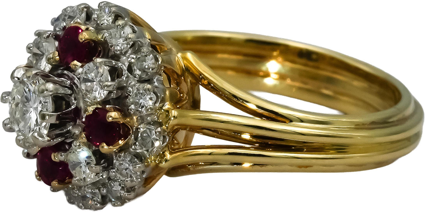 14k Yellow Gold Diamond & Ruby Cluster Cocktail Ring 1.45CT w/ .45CT Center Sz 9