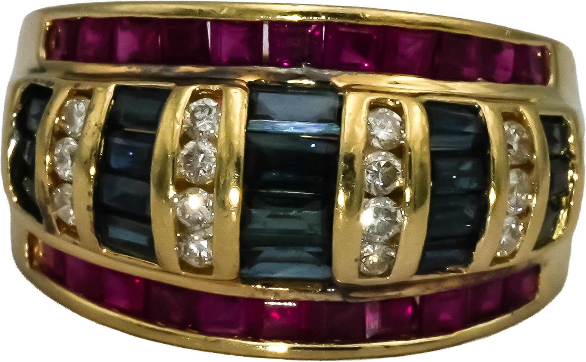 14k Yellow Gold Diamond Ruby and Sapphire Band Ring 1.30CT Size 7