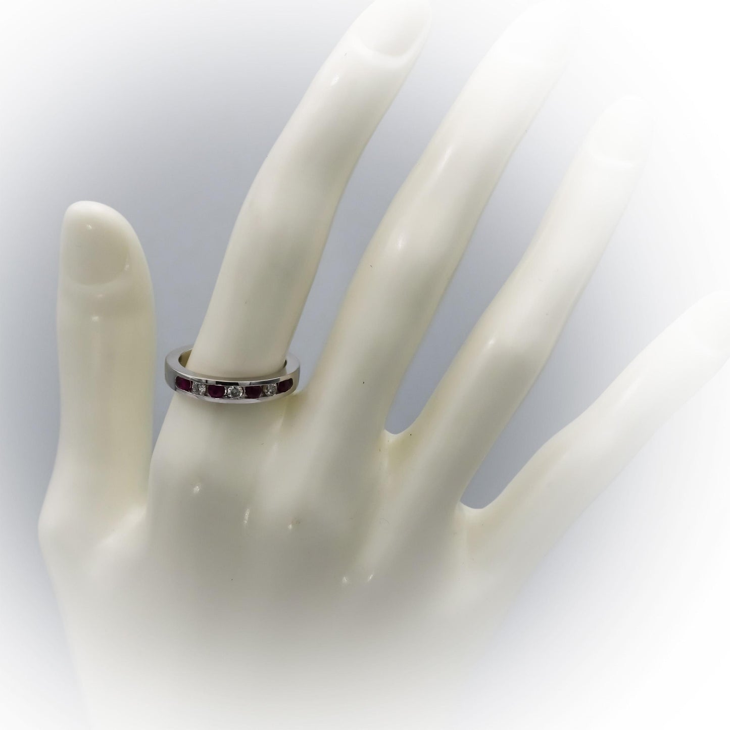 14k White Gold Round Channel Set Ruby and Diamond Band Ring 0.35CT Size 6.75