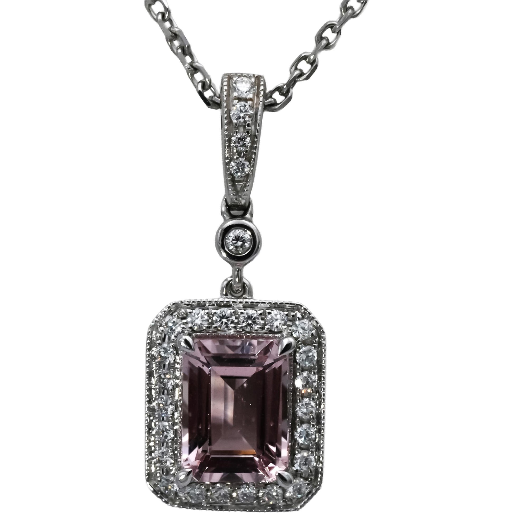 14k White Gold Round Diamond and Emerald-Cut Kunzite Pendant Necklace 0.20CT