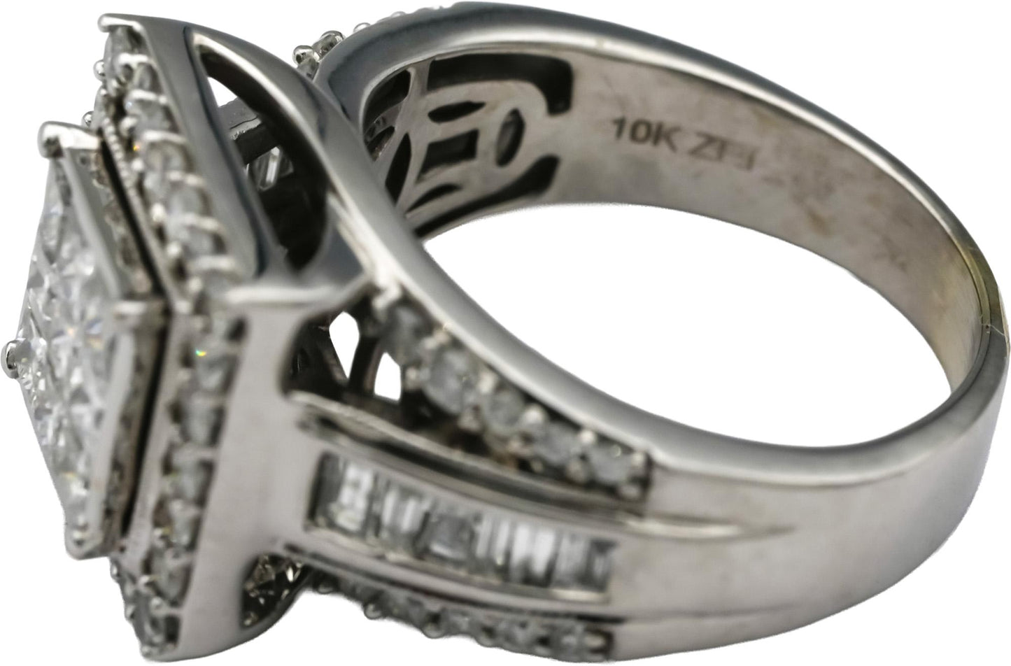 10k White Gold Princess Baguette Round Diamond Cluster Ring 2.0CT Size 8