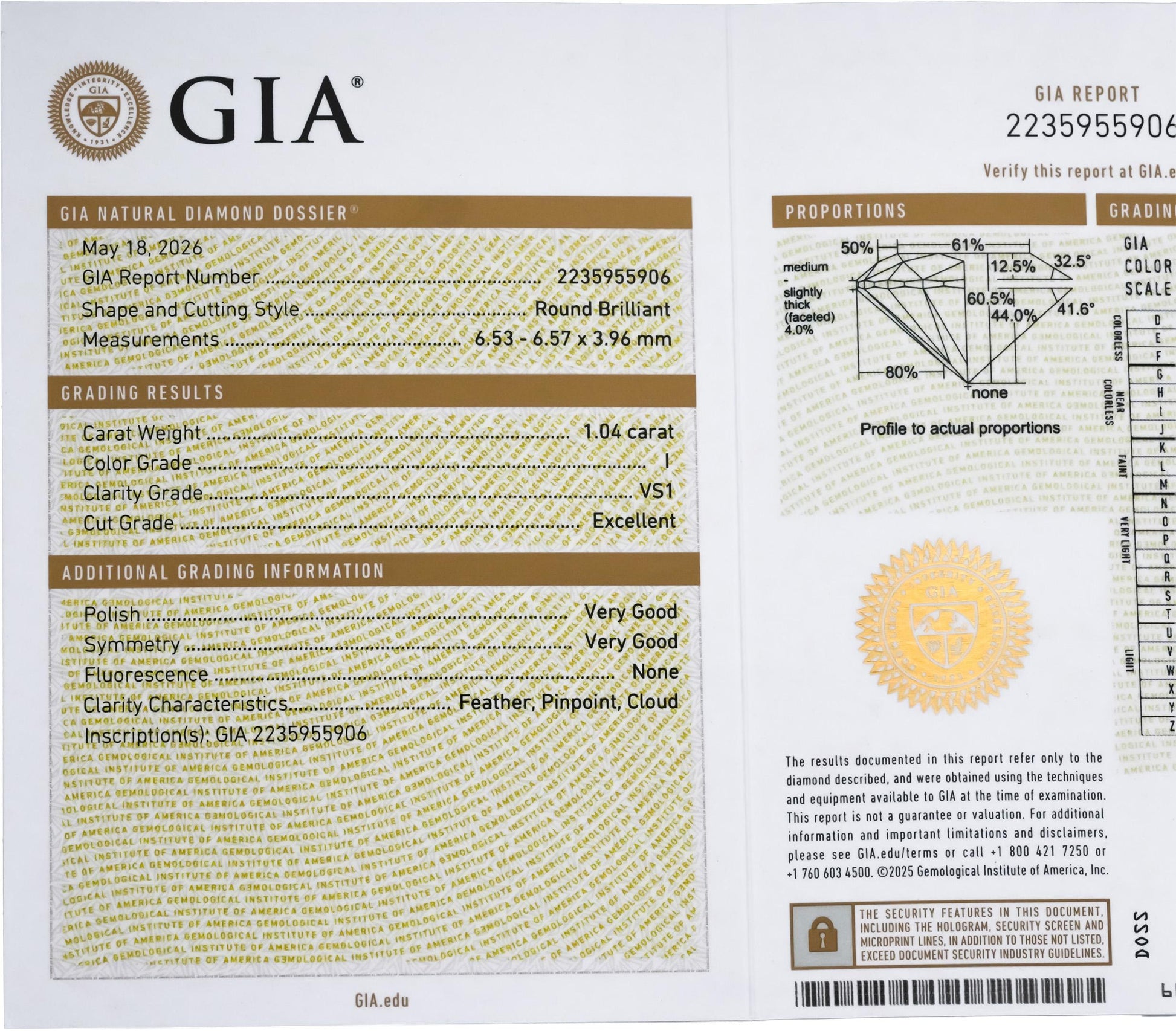 GIA Certified VS1/I Round Cut Natural Diamond Loose Stone 1.04CT