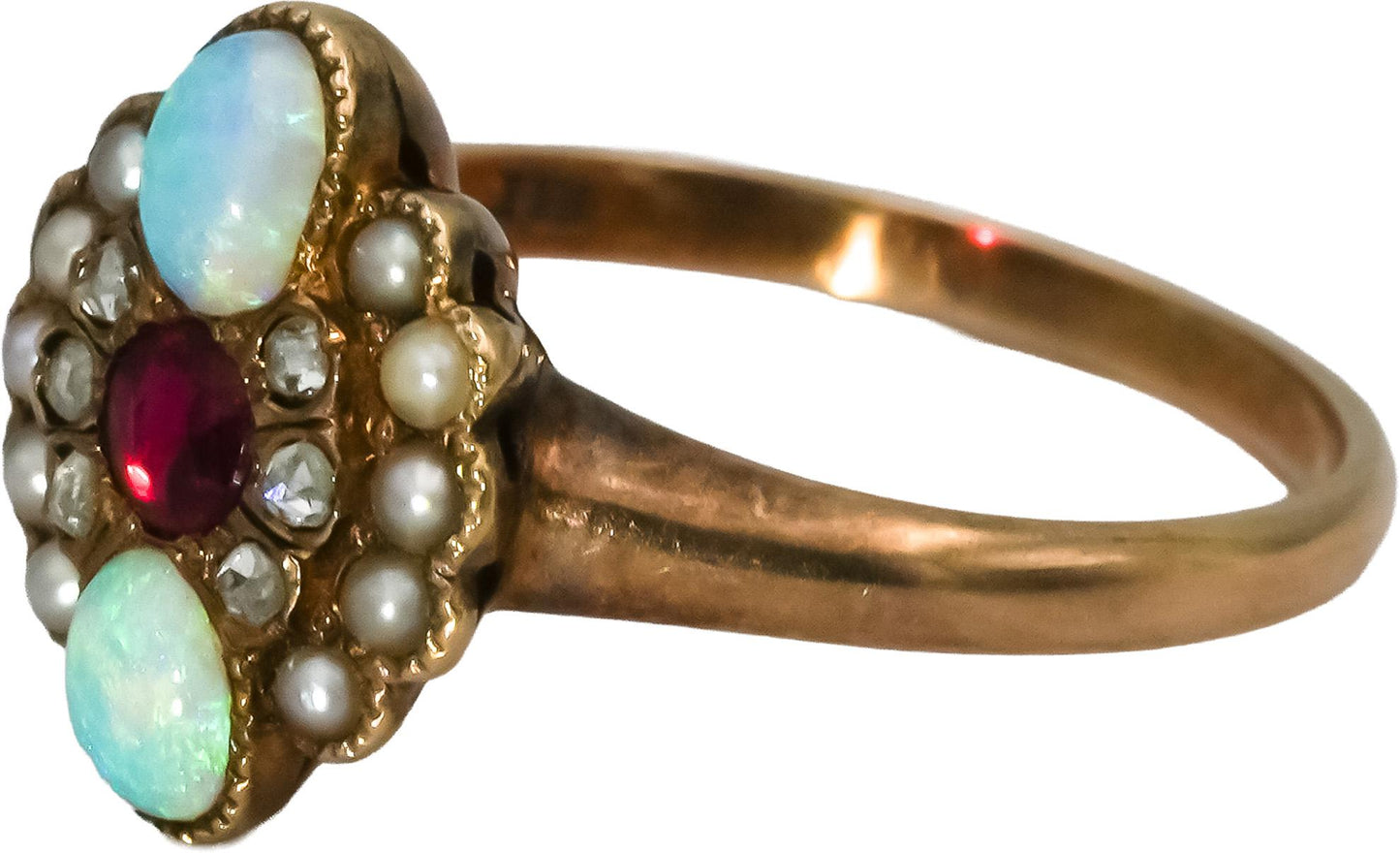 Victorian Antique 10k Gold Rose Cut Diamond Opal Ruby Pearl Cocktail Ring Size 7