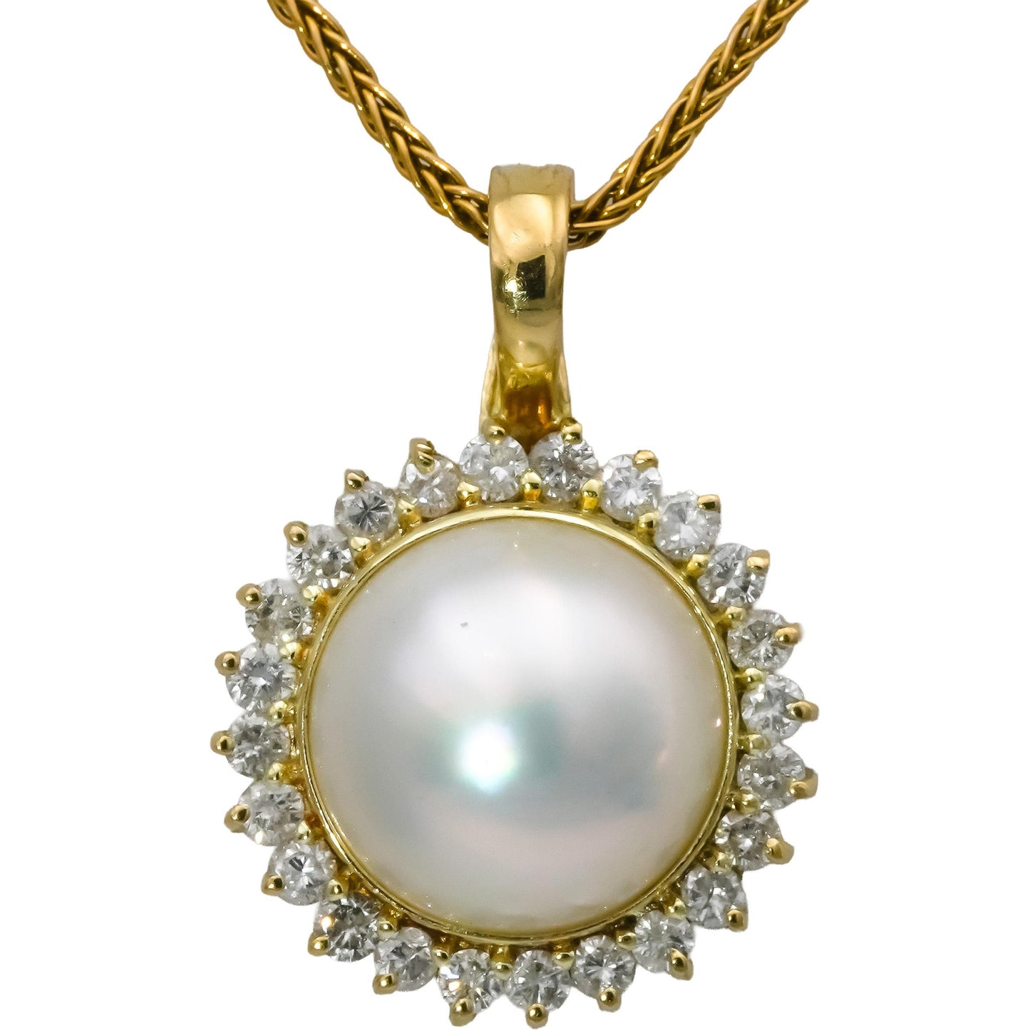 18k Yellow Gold Round Diamond and 13.0mm Mabe Pearl Pendant Necklace 1.0CT