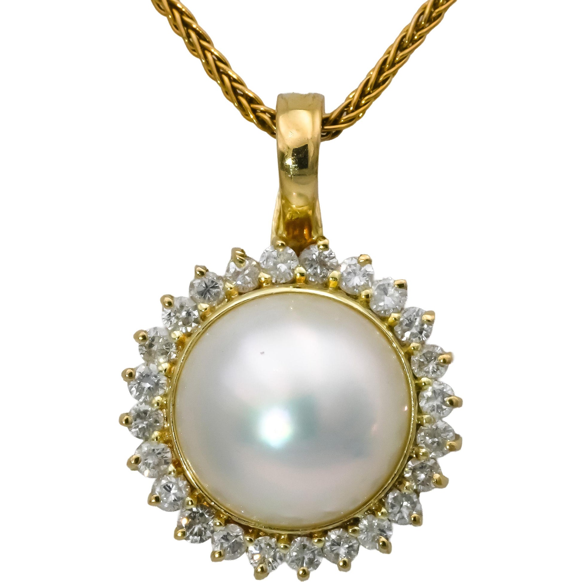 18k Yellow Gold Round Diamond and 13.0mm Mabe Pearl Pendant Necklace 1.0CT