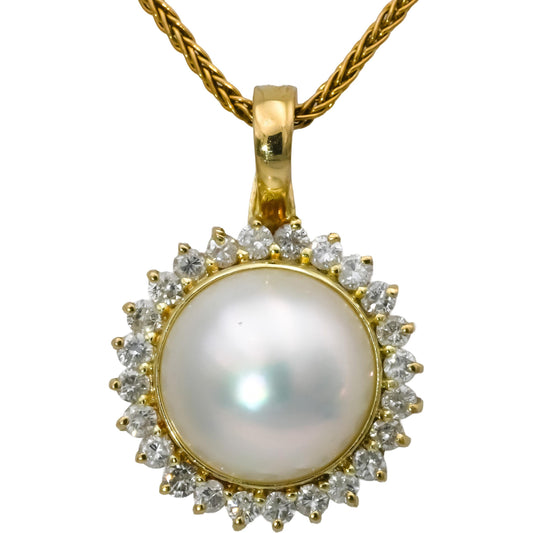 18k Yellow Gold Round Diamond and 13.0mm Mabe Pearl Pendant Necklace 1.0CT