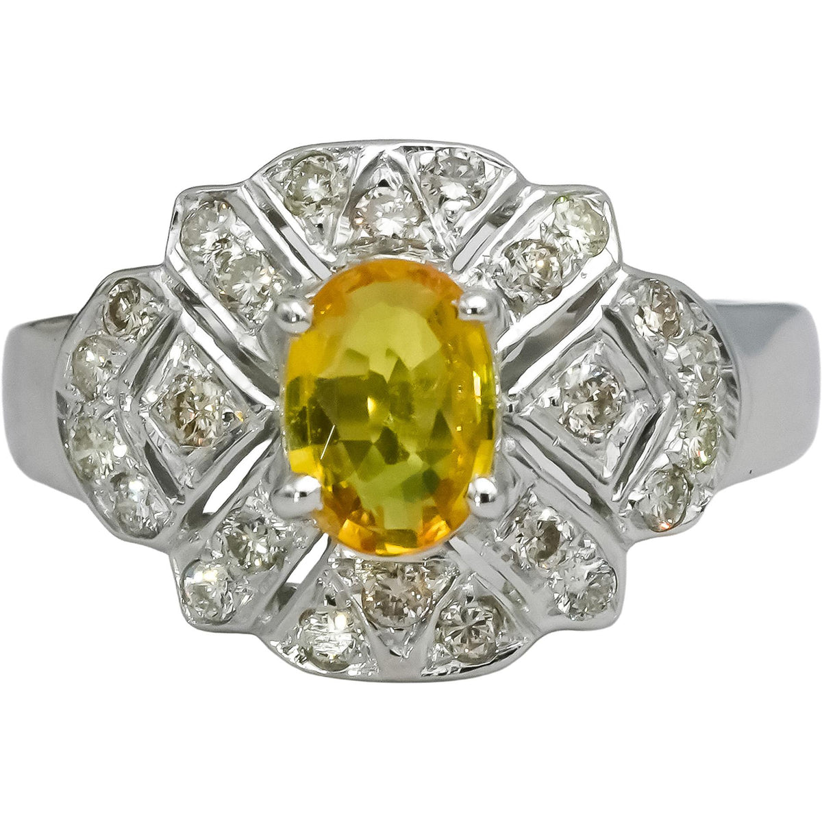 18k White Gold Diamond and Yellow Sapphire Cocktail Ring 0.80CT Size 5.75
