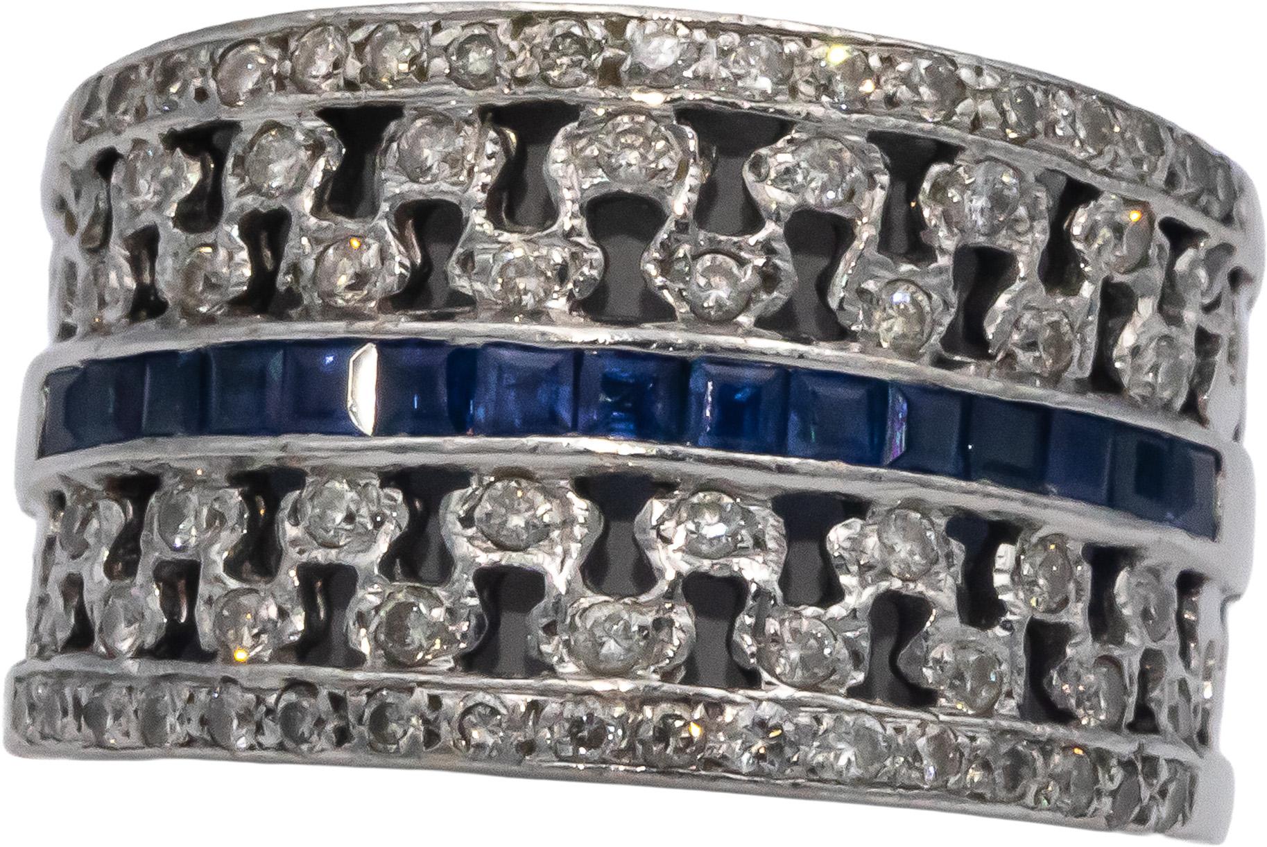 18k White Gold 1.0CT Diamond and Sapphire Wide Band Ring Size 8