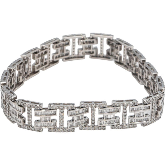 18k White Gold Round & Baguette Cut Diamond Fancy Link Bracelet 4.11CT