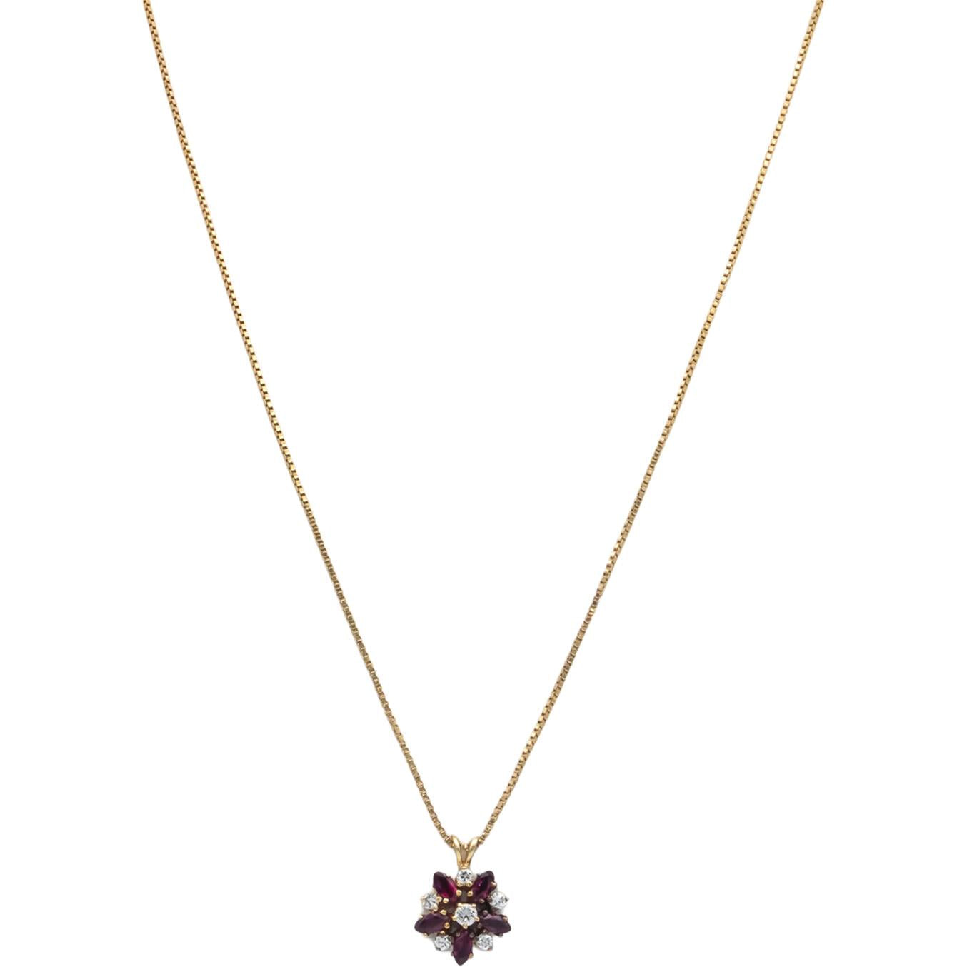 14k Yellow Gold 0.55CT Diamond and Ruby Floral Cluster Pendant Necklace